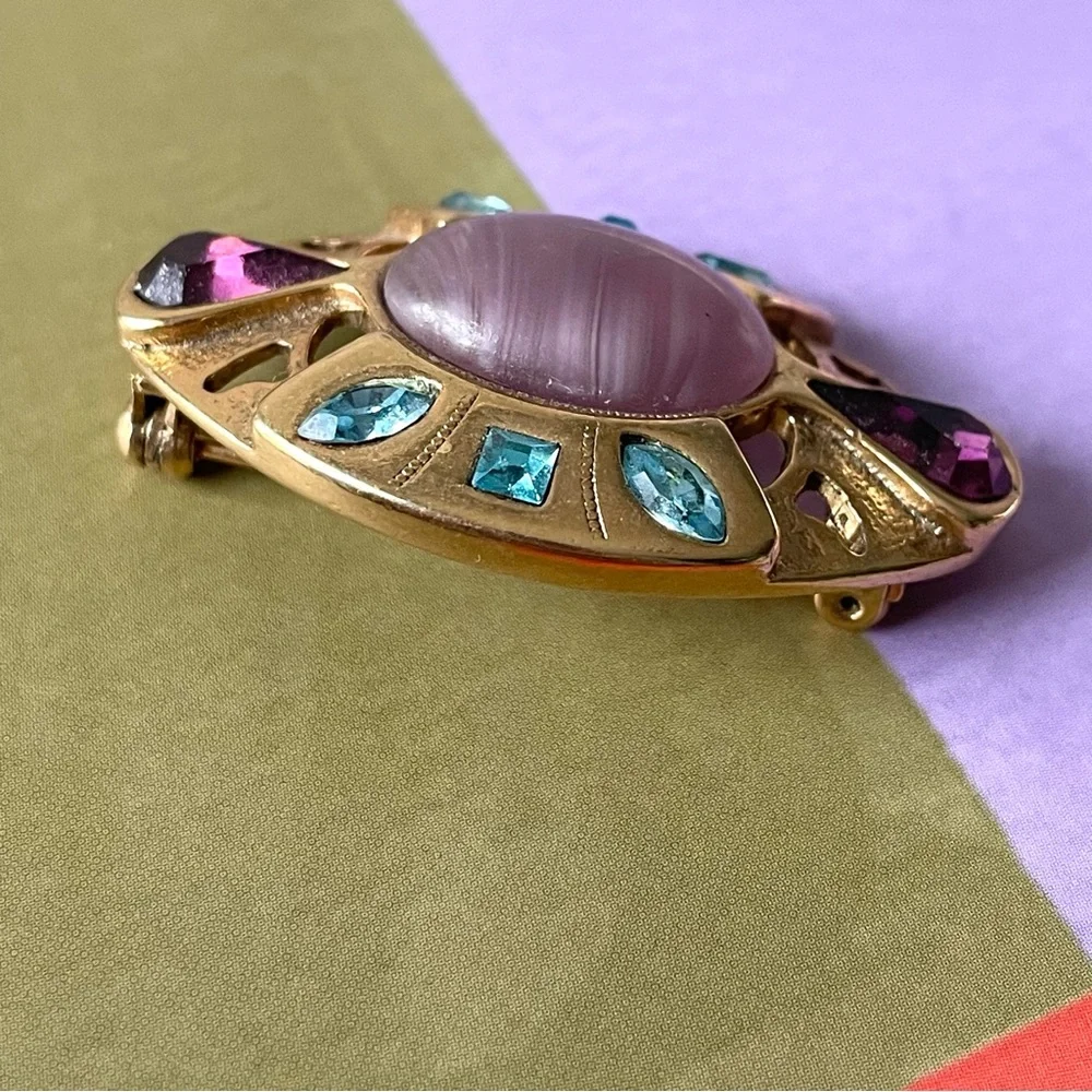 Vintage Gold-tone Brooch with Pink Center and Blue & Purple Accents